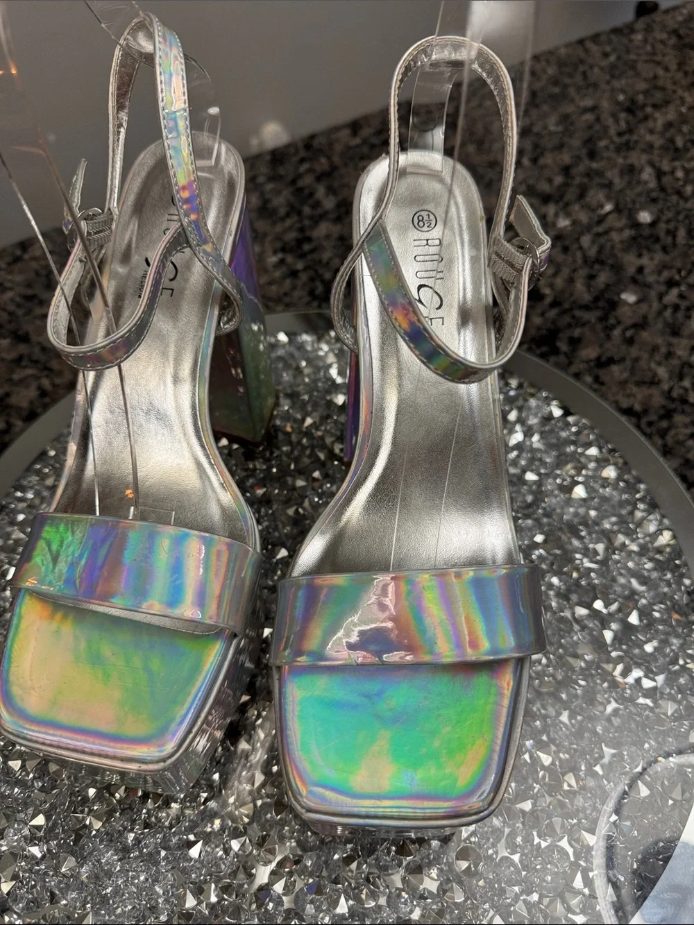 Rouge! Holographic Silver Platform Go-Go Sandals NWOT